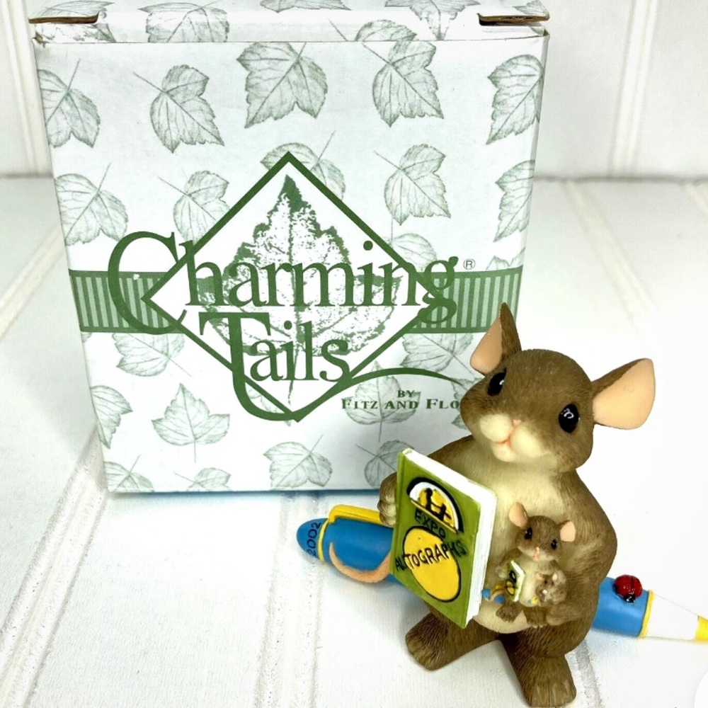 Charming Tails Fitz & Floyd Mouse Figurine May I Have Your Autograph Box 2002